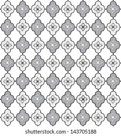 Abstract Geometric Retro Texture. Seamless pattern. Floral lightning ornament. Black and white flower background