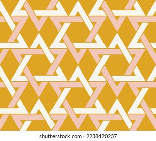 Abstract Geometric Retro Triangles Stars Seamless Vector Pattern Trendy Fashion Colors Minimalist Complex Shapes Perfect for Allover Fabric Print or Wrapping Paper Mustard Yellow Tones