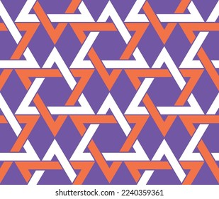 Abstrakte geometrische Retro-Dreiecke Stars Nahtlose Muster Trendfarben Modedesigner Minimalistische komplexe Formen perfekt für Allover Stoffdruck oder Wrapping Paper Purple Coral White Tones