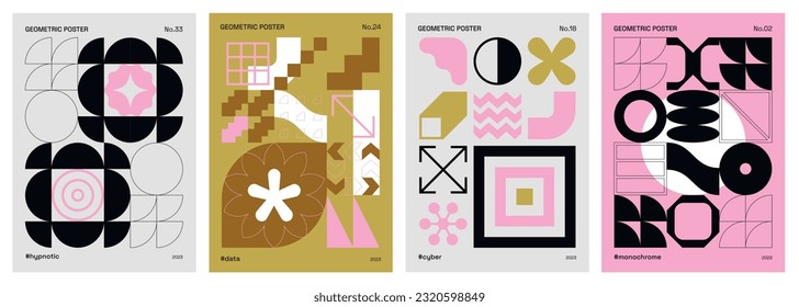 Afiches, patrones, formas y símbolos abstractos, geométricos y retro-futuristas.