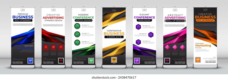 abstract geometric roll up banner design in blue, red, green, yellow, purple, pink and orange colors