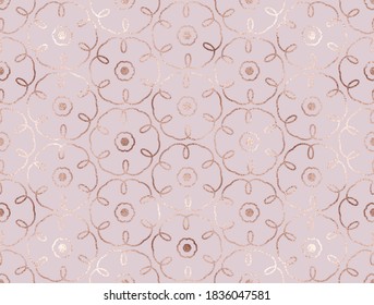 Abstract geometric rose gold glitter flowers seamless pattern.
