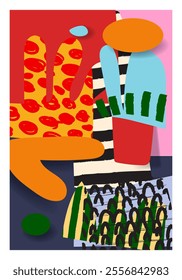 Abstract geometric, rough, shapes and tectures hand drawn vector illustration background. Aesthetic collage design for wall art, print, decoration, poster and cards.