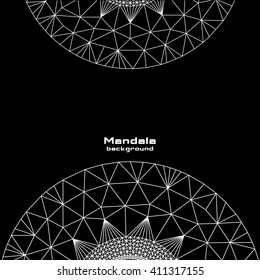 Abstract geometric round form mandala, white on black background