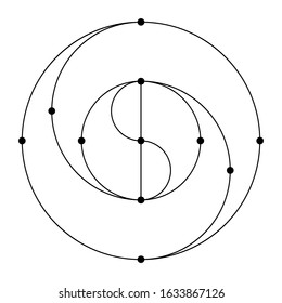 Abstract geometric round symbol, isolated on white background. Black linear shapes with points in the joints. Linear logo. Sacred geometry sign. Elegant, simple tattoo art. Vector elements.