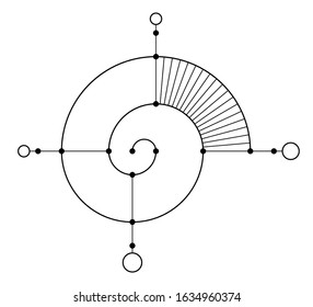Abstract geometric round symbol, isolated on white background. Black linear shapes with points in the joints. Linear logo. Sacred geometry sign. Spiral element. Elegant tattoo art. Vector elements.