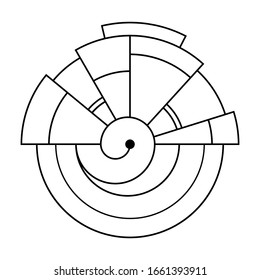 Abstraktes geometrisches rundes Symbol einzeln auf weißem Hintergrund. Schwarze lineare Formen. Lineares Logo. Heiliges Geometriezeichen. Spiralelement. Elegante Tattoo-Kunst. Vektorillustration-Elemente.
