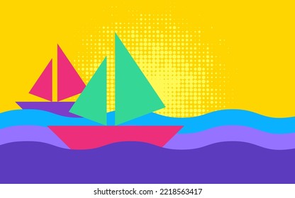 Abstract geometric sailboats in the ocean, punchy colors vector background