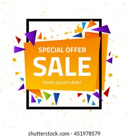 Abstract geometric sale poster. Origami special offer sign with grunge polygonal background. Vector illustration.
