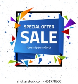 Abstract geometric sale poster. Origami special offer sign with grunge polygonal background. Vector illustration.