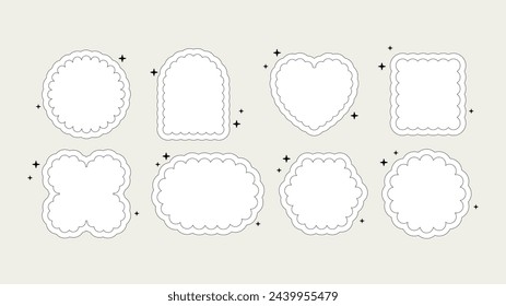 Abstract geometric scallop edge stickers in trendy futuristic style with stars. Brutal forms circle, oval, square, arch, heart. Vector illustration. Bauhaus memphis.