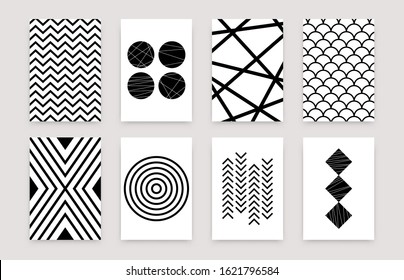 Abstract geometric scandinavian pattern set. Vector minimalistic art posters simple swiss style. Design template for wallpaper, flyer, banner, home decor. Black and white illustrations