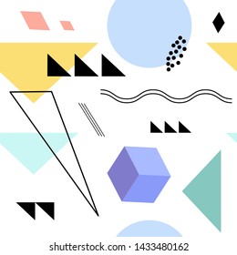 Abstract geometric scandinavian seamless pattern with triangles and other shapes. Pastel colors. Multicolor bauhaus vintage background. Vector EPS clip art.