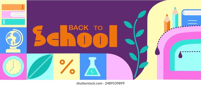 Abstract geometric school horizontal banner. Back to school advertising poster with school supplies . Vector illustration