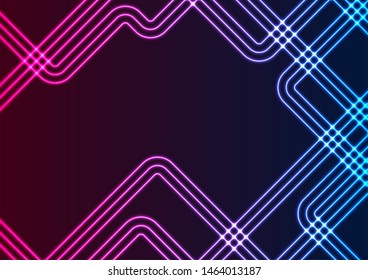 Abstraktes geometrisches Sci-fi Retro-Design mit Neon-Laserlinien. Technisch blauer violetter Hintergrund. Vektorillustration