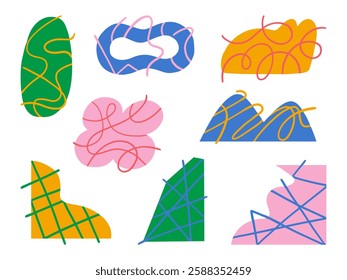 Abstract Geometric Scribble Shapes. A collection of abstract geometric shapes with playful scribble patterns in vibrant colors. Perfect for modern design projects, trendy backgrounds