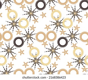 Abstract Geometric Sea Stars Circles Mosses Marine Seamless Pattern Creative Swimwear Design Perfect for Allover Print Trendy Fashion Colors Brown Gray Tones