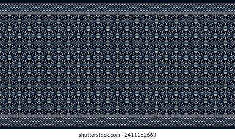 Abstract geometric seamless with ancient karen hill tribe pattern. Light n blue element on dark blue background,vector illustration. For fabric lady dress textile cover wallpaper all over print cover