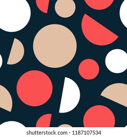 Abstract geometric seamless art fashionable pattern. Soft colors circles on black background. Modern style.