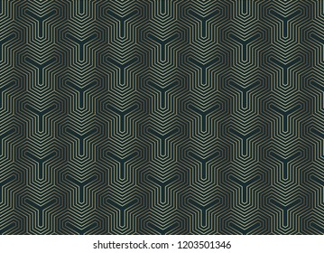 Abstract geometric seamless background  with golden pattern on dark green backdrop