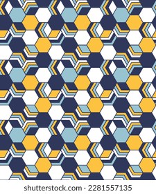 Abstract geometric seamless background. Hexagonal seamless pattern in navy, blue, yellow, and white.