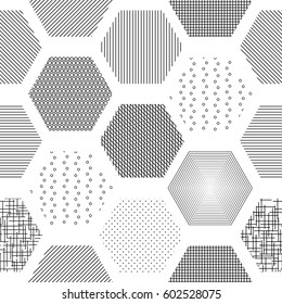 Abstract geometric seamless background with hexagons with different texture, hatching