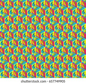 Abstract geometric seamless background - multi-colored cubes with concentric circles in vector