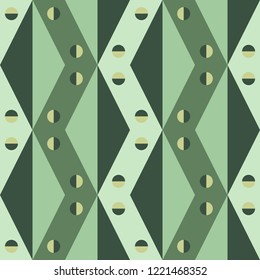 abstract geometric seamless background of simple shapes in shades of green and verdant triangles, squares, rhombus and regular tetragons