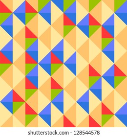 Abstract geometric seamless background. This pattern is combination of triangle and square. Blue, peachy, red and green color. Vector illustration for your abstract design.