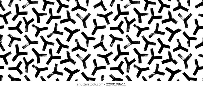 Abstract geometric seamless banner with triangle shapes. Hand drawn chaotic scribbles texture. Bold grunge brush strokes. Simple lattice graphic design. Vector black and white geometric pattern.