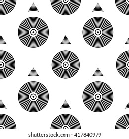 Abstract geometric seamless black and white ornamental pattern background in vector. Monochrome line art circle and triangle template in seamless ornament. Elegant trendy print design