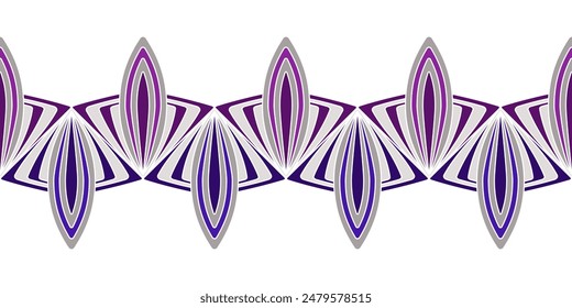 Abstract geometric seamless border. Diagonal mosaic tiles. Purple violet triangles and square on white background. Fantasy geometric shapes for decor clothes, home, etc.