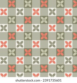 Abstract geometric seamless and checkered patterns with green and orange leaves. Element design for background and fabric print. Vector illustration.