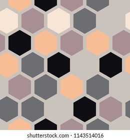 Abstract geometric seamless colorful pattern, honeycombs, hexagons, on grey background, black purple, beige