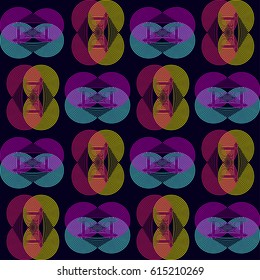 Abstract geometric seamless colorful pattern on black isolated background in vector. Elegant design for any use