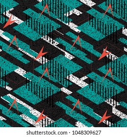 Abstract geometric seamless Fashion Style Design Print Triangle pattern. With vertical fading lines, tracks, halftone stripes. Extreme sport style illustration. Trendy Urban colorful backdrop. Grunge