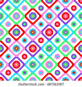 Abstract geometric seamless floral pattern vector background patchwork style design with colorful squares and  spring summer flowers