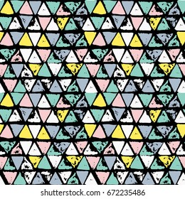 Abstract geometric seamless hand drawn pattern. Modern grunge texture. Colorful brush painted background.