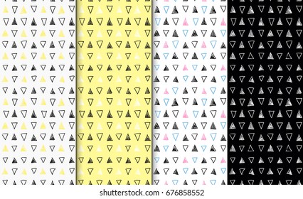 Abstract geometric seamless hand drawn pattern set. Modern free hand textures. Colorful geometric doodle backgrounds.