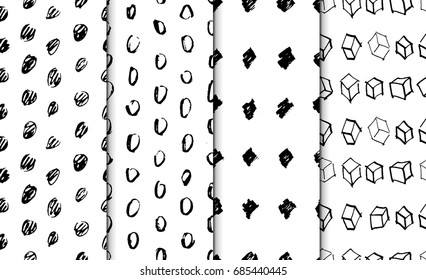 Abstract geometric seamless hand drawn pattern set. Modern free hand textures. Monochrome geometric doodle backgrounds.