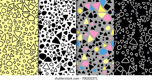 Abstract geometric seamless hand drawn pattern set. Modern free hand textures. Colorful minimalistic doodle backgrounds.