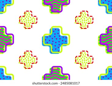Abstract geometric seamless pattern 80s-90s aesthetic. Trendy Memphis inspired design background. Bold neon colors, layered geometry cross shapes