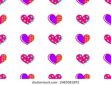 Abstract geometric seamless pattern 80s-90s aesthetic. Contemporary memphis inspired design background. Bold neon colors, layered geometry heart shapes