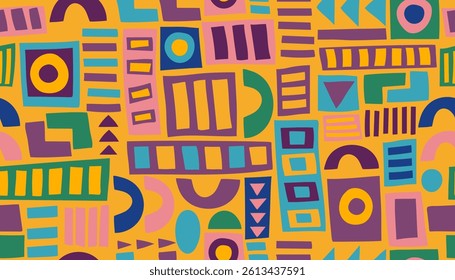 Abstract geometric seamless pattern. African ethnic bright background. Vector hand drawn banner.