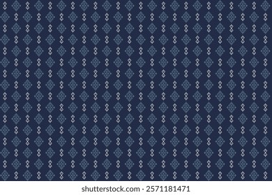 Abstract geometric seamless pattern with ancient diamond composition in white n light blue on dark blue background. Vector illustration.For masculine male shirt lady dress cloth textile all over print