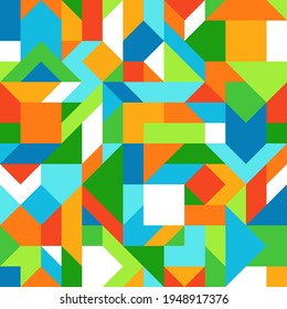 Abstract Geometric Seamless Pattern of Angular Blue, Green, Orange, Yellow, White Shapes. Graphic Harmonious Composition in Bright Summer Colors. Simple Continuous Background from Different Figures.