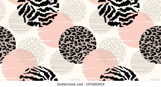 Abstract geometric seamless pattern with animal print and circles. Trendy hand drawn textures. Modern abstract design for paper, cover, fabric, interior decor and other users