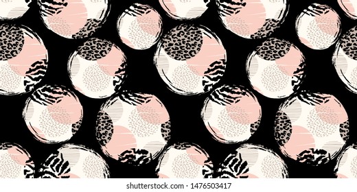 Abstract geometric seamless pattern with animal print and circles. Trendy hand drawn textures. Modern abstract design for paper, cover, fabric, interior decor and other users