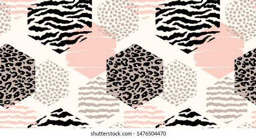 Abstract geometric seamless pattern with animal print and hexagons. Trendy hand drawn textures. Modern abstract design for paper, cover, fabric, interior decor and other users