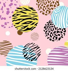 Abstract geometric seamless pattern with animal print and circles. Modern hand drawn textures pink color. Trendy abstract design for paper, fabric, and decor.